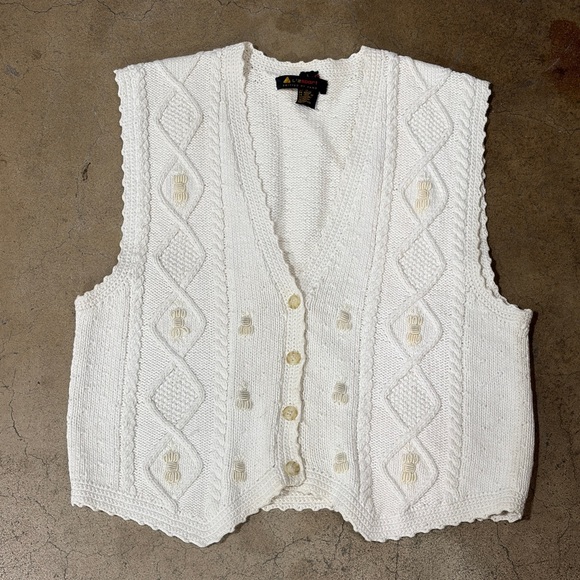 Vintage LizSport Cream Cable Knit Linen Cotton Sweater Vest 1990’s Cottagecore - Picture 1 of 7